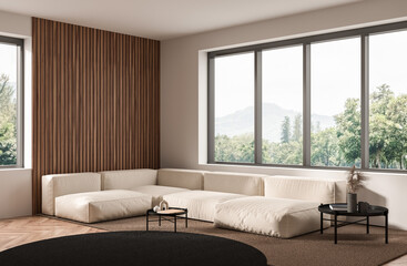 Fototapeta premium Minimal interior design living room with soft sofa and wooden slat wall in realistic style on windowed background, concept of comfort, 3D Rendering