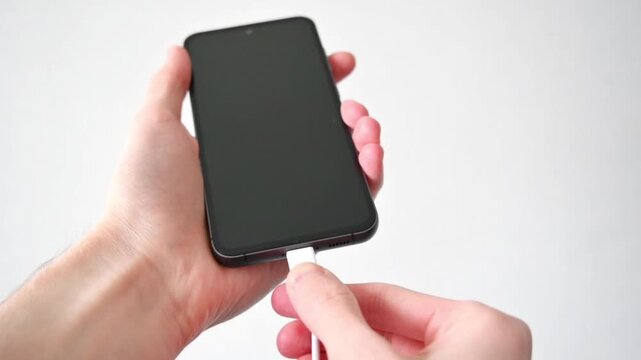 Hands plugging white usb c cable into smartphone showing battery charging screen