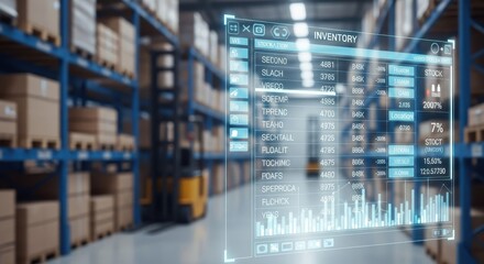 Naklejka premium Futuristic digital inventory management system projected within a modern warehouse environment.