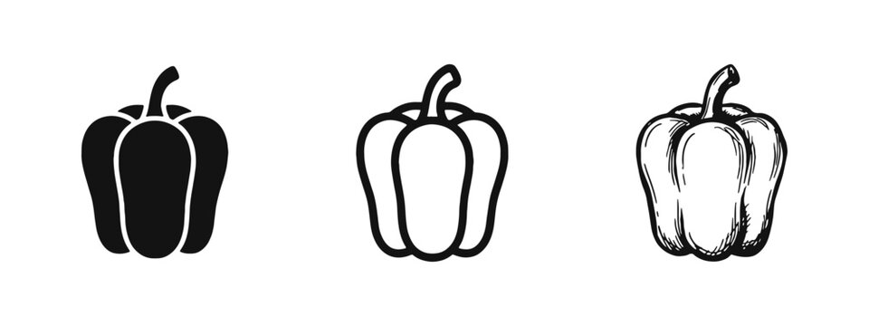 Bell Pepper Vegetable Icons in Solid, Outline and Hand-Drawn Sketch Styles