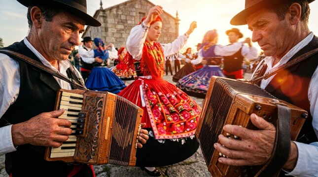 Traditional Minho Folklore Group Dancing Near Espigueiros, Featuring Colorful Costumes, Large Skirts, Gold Jewelry, and Concertina Music in Northern Portugal.
