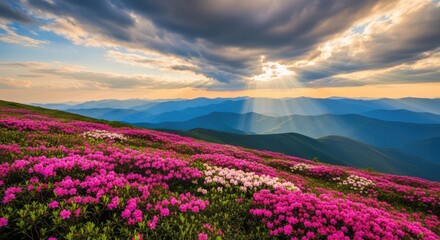 Fototapeta premium Pink blooming rhododendrons on mountain slopes at sunset