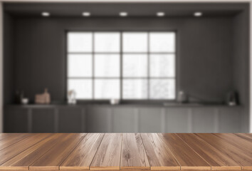 Obraz premium Wooden table top in modern interior shown in realistic style on blurred kitchen background, concept of product display, 3D Rendering