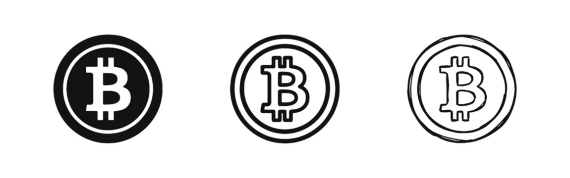 Bitcoin Cryptocurrency Icons in Flat, Outline, and Sketch Styles