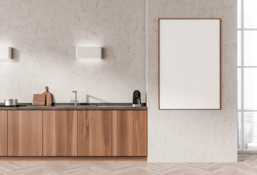 Modern kitchen interior with wooden cabinets and blank mockup poster in minimal style on neutral wall background, concept of design, 3D Rendering