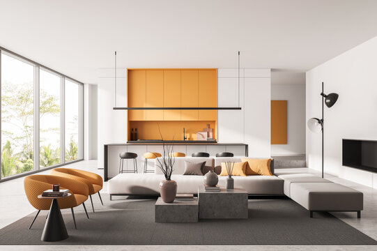 A modern interior design showing a bright living room with orange accents in clean minimal style on a light background, concept of stylish comfort, 3D Rendering
