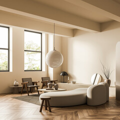 Naklejka na ściany i meble Modern minimalist interior living room with curved sofa and wooden furniture in soft neutral style on warm backdrop, concept of calm design, 3D Rendering
