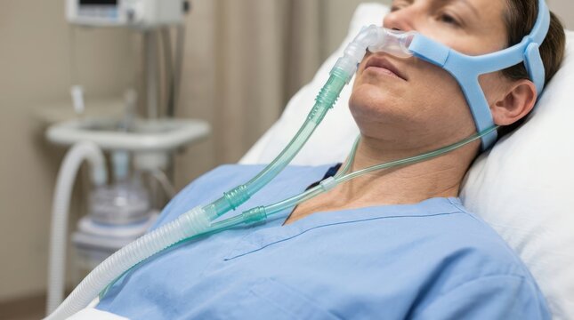 Woman patient wearing CPAP mask in hospital bed, receiving non-invasive ventilation treatment for respiratory support.