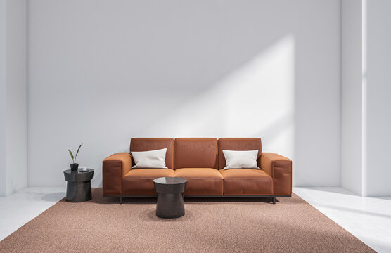 A modern interior with a brown sofa and small tables, minimal style, bright plain background, concept of comfort and elegance, 3D Rendering
