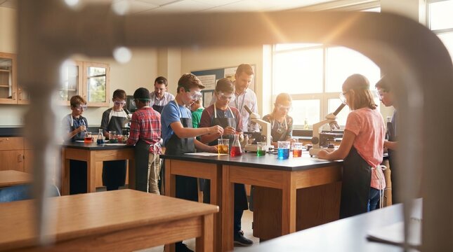 Students conducting a science experiment in a classroom with a teacher supervising