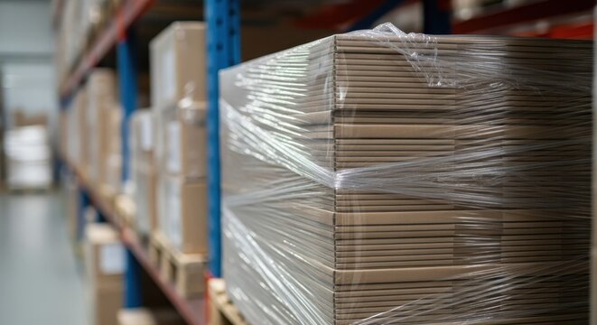 Stacked cardboard boxes secured with plastic wrap on a warehouse shelf, awaiting shipment and distribution.