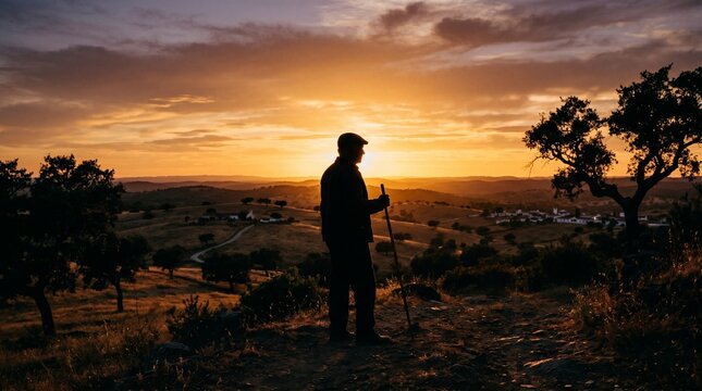 Pastor Idoso a Tomar Conta do Rebanho no Alentejo ao por-do-sol, Rodeado por Sobreiros, Pastagens e Paisagens Rurais T&iacute;picas do Sul de Portugal.