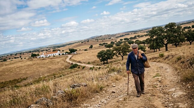 Pastor Idoso a Tomar Conta do Rebanho no Alentejo, Rodeado por Sobreiros, Pastagens e Paisagens Rurais T&iacute;picas do Sul de Portugal.