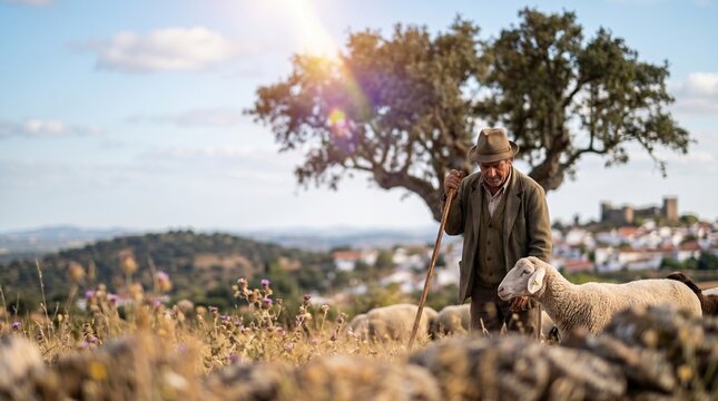 Pastor Idoso a Tomar Conta do Rebanho no Alentejo, Rodeado por Sobreiros, Pastagens e Paisagens Rurais T&iacute;picas do Sul de Portugal.