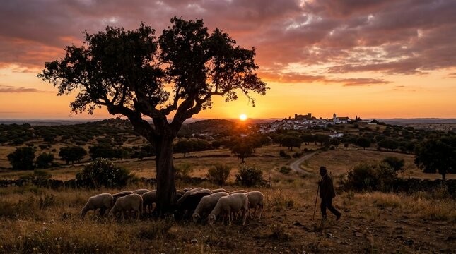 Pastor Idoso a Tomar Conta do Rebanho no Alentejo ao por-do-sol, Rodeado por Sobreiros, Pastagens e Paisagens Rurais T&iacute;picas do Sul de Portugal.