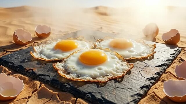 Intense desert heat, extreme summer temperatures, naturally cooking eggs, arid landscape, scorching sunlight, barren sand dunes, dried cracked earth