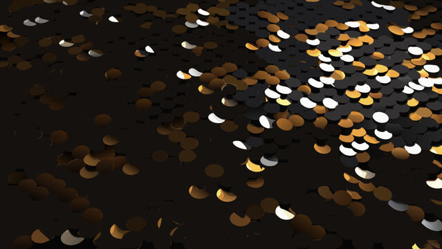 Overlapping circles in a dark abstract composition create a textured three dimensional visual effect geometric spheres disks round shapes background black