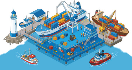 Naklejka premium Isometric cargo port vector illustration, shipping dock terminal with container ships, crane, lighthouse, logistics
