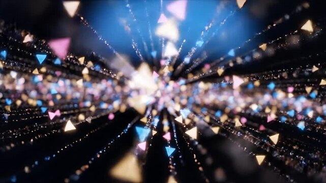 Abstract Colorful Triangles and Particles Exploding Outward Motion Background.