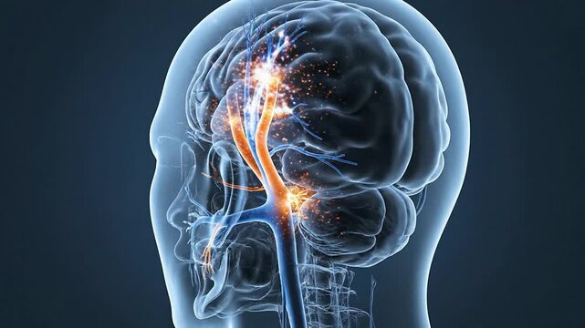 Illuminated Neurons And Nerve Pathways In Human Brain, 3D Rendering For Medical, Health, And Neuroscience Concepts On Dark Background