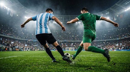Fototapeta premium Two soccer players running and kicking ball during intense professional match in crowded night stadium.