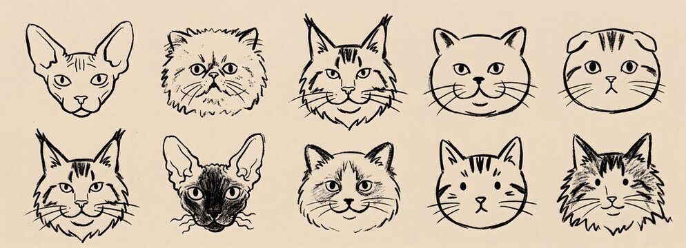 Drawing cats in chalk or charcoal style. Hand-drawn kitten sketches. Crayon illustrations, grunge style, funny, quirky, cute, charcoal drawings, suitable for printing on t-shirts, posters, or as doodl