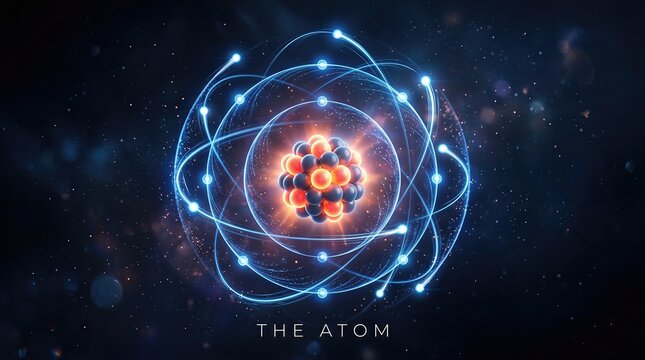 Atomic structure, complex quantum model, glowing electron particle moving orbit, energetic nucleus containing proton neutron, scientific chemistry representation, physics theory.