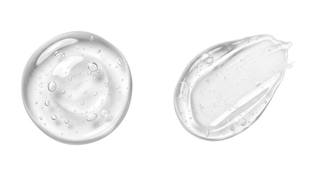 Two clear cosmetic gel swatches with visible bubbles on a transparent background