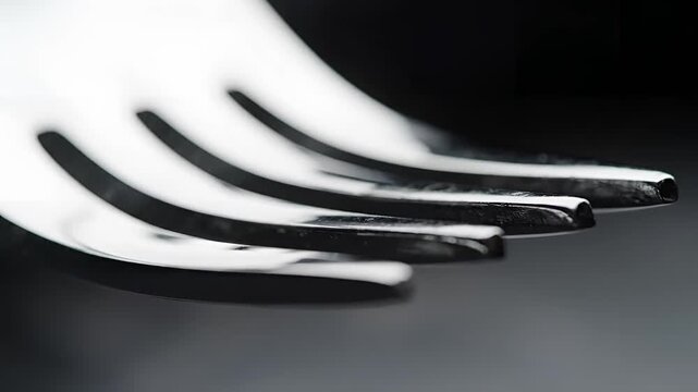 Closeup Macro Shot of a Shiny Metal Forks Tines on a Dark Surface.