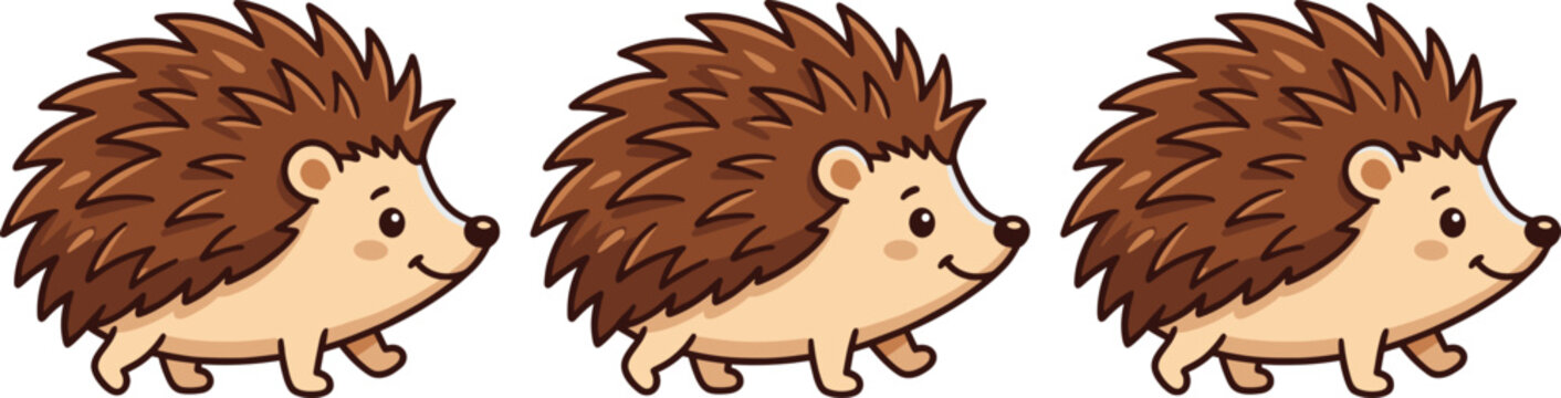 Cute cartoon walking hedgehogs set vector illustration isolated on white background