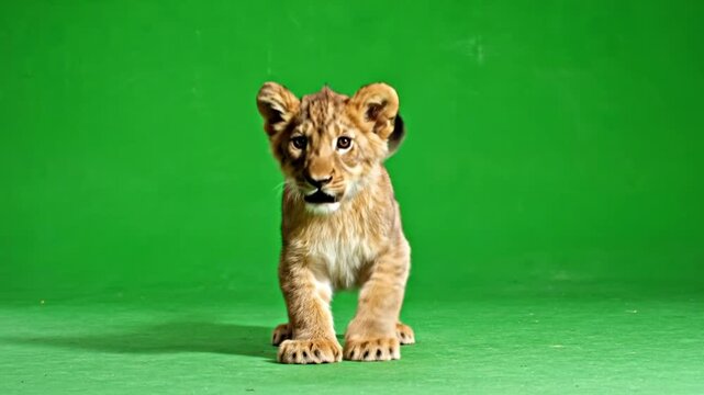 Lion cub standing against green screen background.4k
