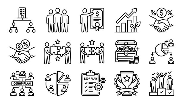 ESOP employee stock ownership plan outline icon set company equity benefits win-win scheme vector illustration