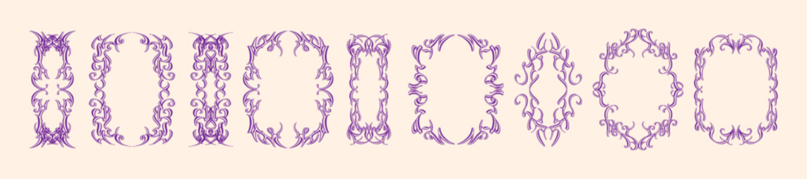 Gothic doodle frames, neo tribal dark border set, hand drawn vector fantasy sharp spike tattoo print. Magic mystery symmetry swirl graphic, abstract ornamental futuristic aesthetic. Gothic frame decor
