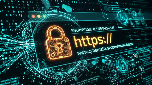 Digital padlock icon on https URL in futuristic cyberspace with glowing data streams