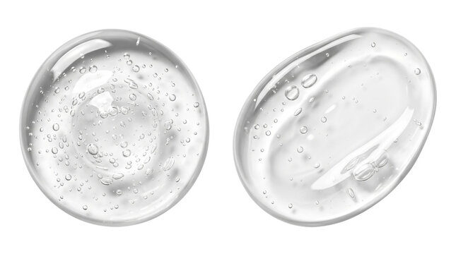 Two transparent clear gel serum drops with visible air bubbles on a transparent background, close-up texture of viscous cosmetic liquid