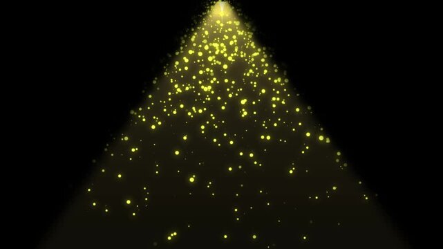 Merry Christmas greeting video card with golden particles, Christmas tree, twinkling stars, glitter bubbles, luxury bokeh sparkle lights, cinematic festive animation on a black background in 4k loop