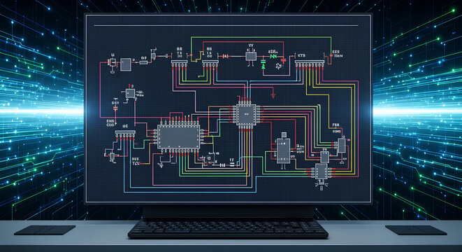 Computer screen displaying complex circuit board design and data flow visualization.