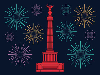 Obraz premium Berlin Victory Column Graphic Illustration with Colorful Fireworks, German Landmark Celebration for New Year or Festivals