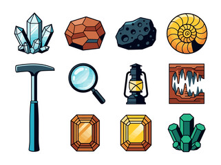 Geology and Mining Icon Set with Crystals, Fossils, Gemstones, and Exploration Tools. Flat Vector Illustration of Mineralogy Equipment and Rare Earth Stones. © aul