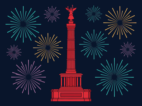 Berlin Victory Column Graphic Illustration with Colorful Fireworks, German Landmark Celebration for New Year or Festivals