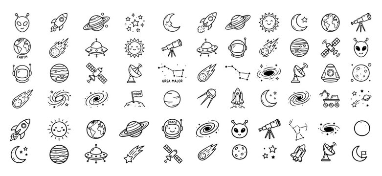 Collection of hand drawn space and astronomy doodle vector icons