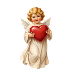 Obraz premium Little child angel holding a red heart. Illustration of a cute cherub with curly hair and wings for Valentine Day greeting card. Religious symbol of love, innocence and divinity.