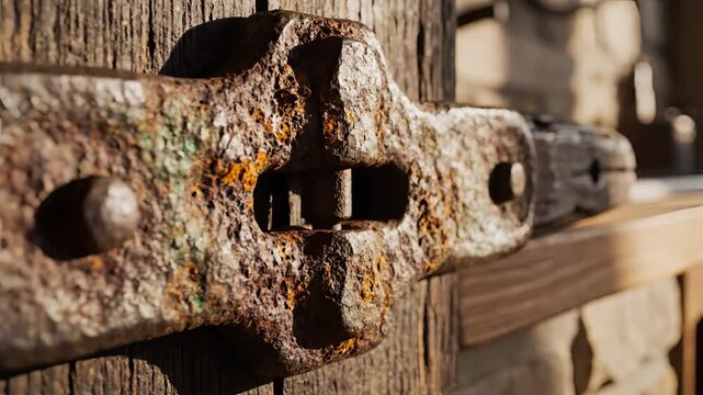Closeup of a Rusty Old Metal Hinge on Weathered Wood.