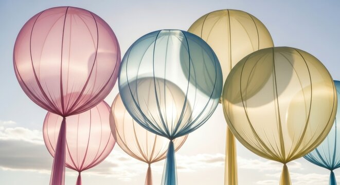 Illustration abstraite de sph&egrave;res color&eacute;es flottant sur un fond de ciel lumineux.