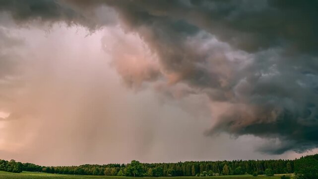 Time-lapse view of a supercell over a forest in the middle of nature.