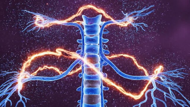 Intricate 3D Animation of Human Spine and Neural Pathways with Electric Impulses in a Dark Visual Environment