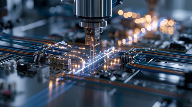 Medium framing of multibranch wire ultrasonic welding capturing simultaneous connections and intricate wire harness fabrication in a hightech setting.
