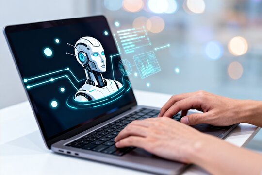 Person working on laptop with robot graphic