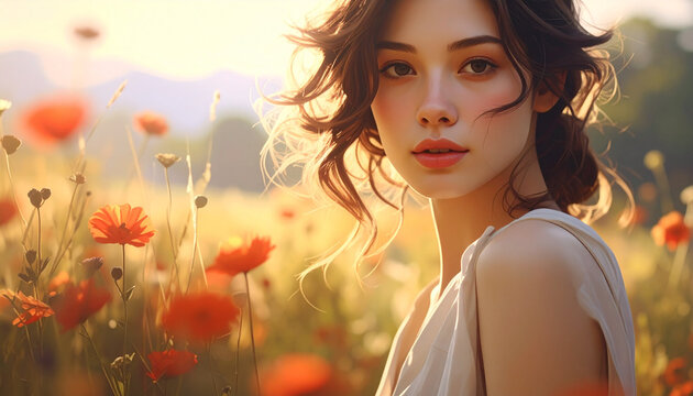 Femme dans un champ de fleurs d'oranger