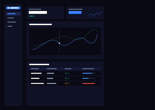 Dark mode dashboard UI design, futuristic data visualization interface with line charts and analytics tables, sleek business admin panel vector